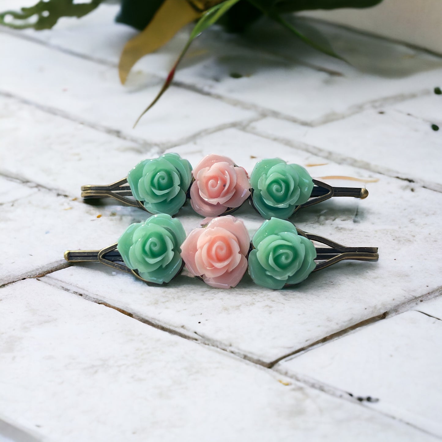 Mint & Blush Rose Hair Pins – Set of 2 Cottagecore Accessories