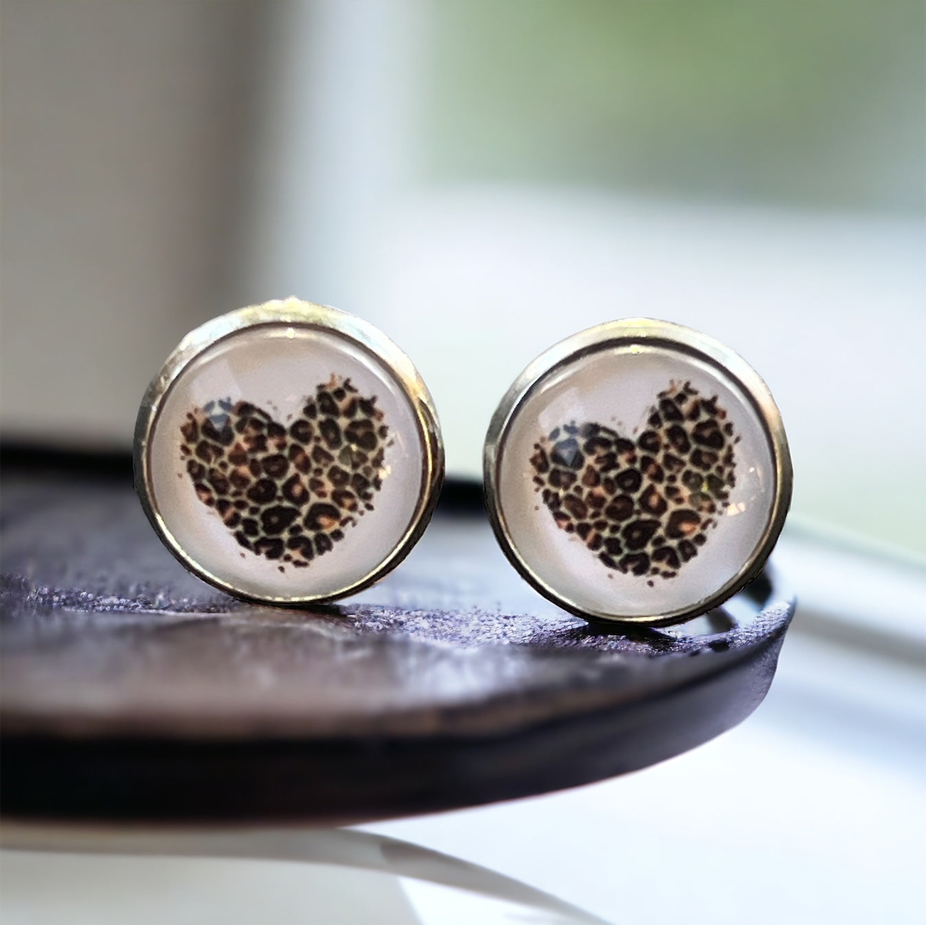 Leopard Print Heart Stud Earrings – Silver Statement Jewelry