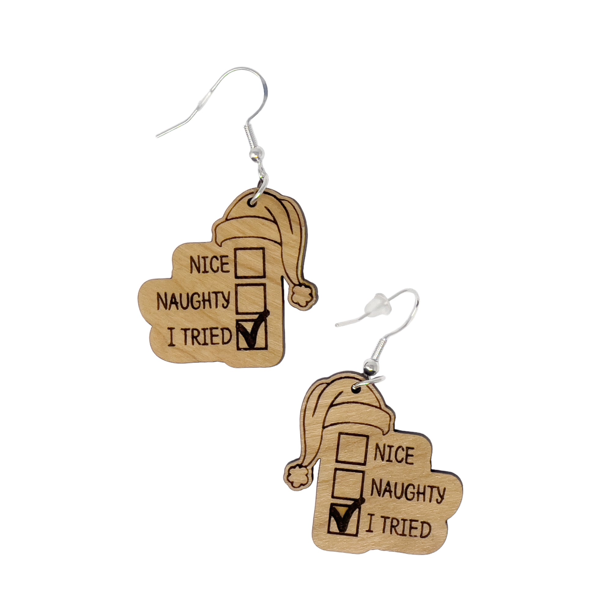 Funny Holiday Checklist Earrings – “I Tried” Santa Hat Wood Earrings