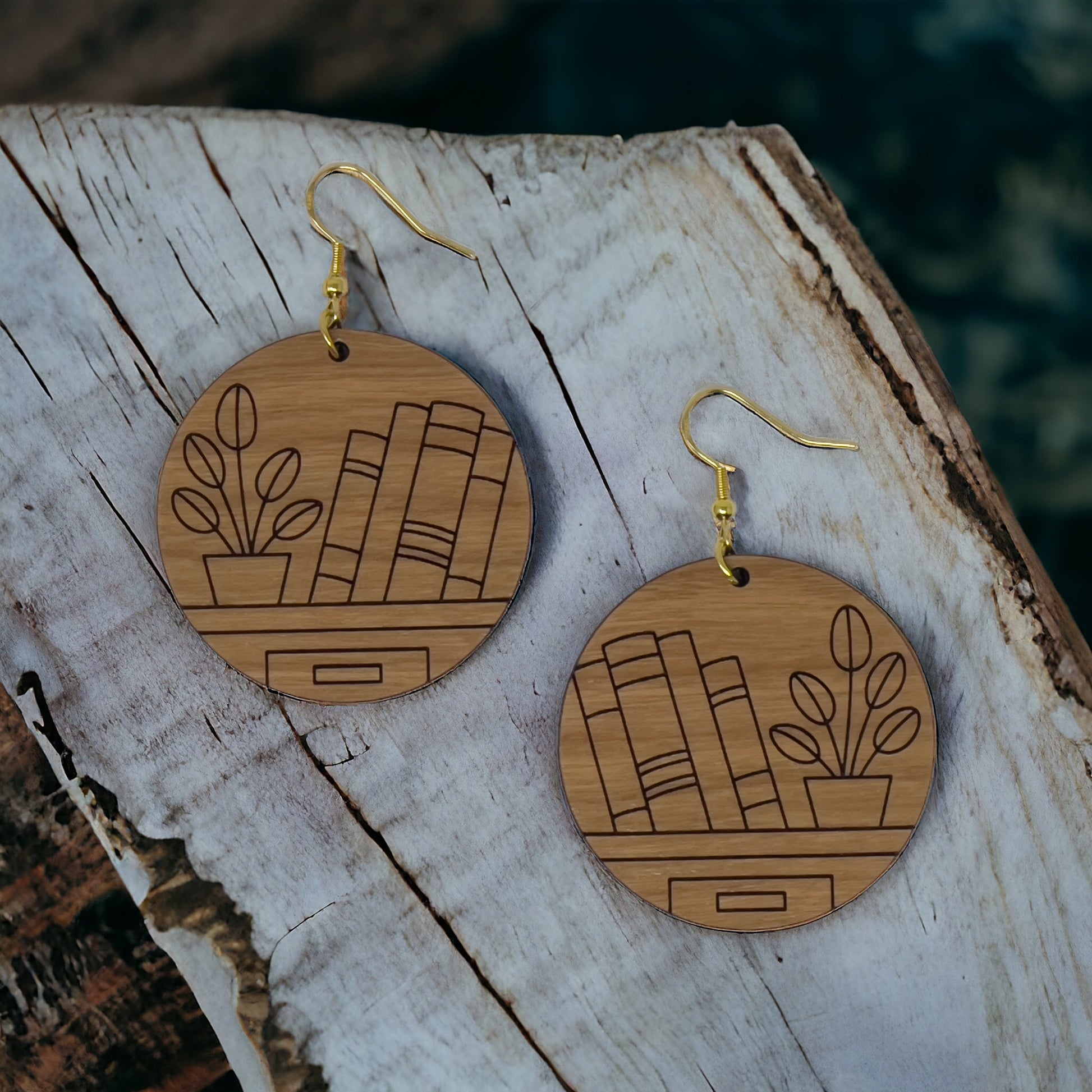 Bookshelf Wood Earrings – Boho Cottagecore Statement Jewelry