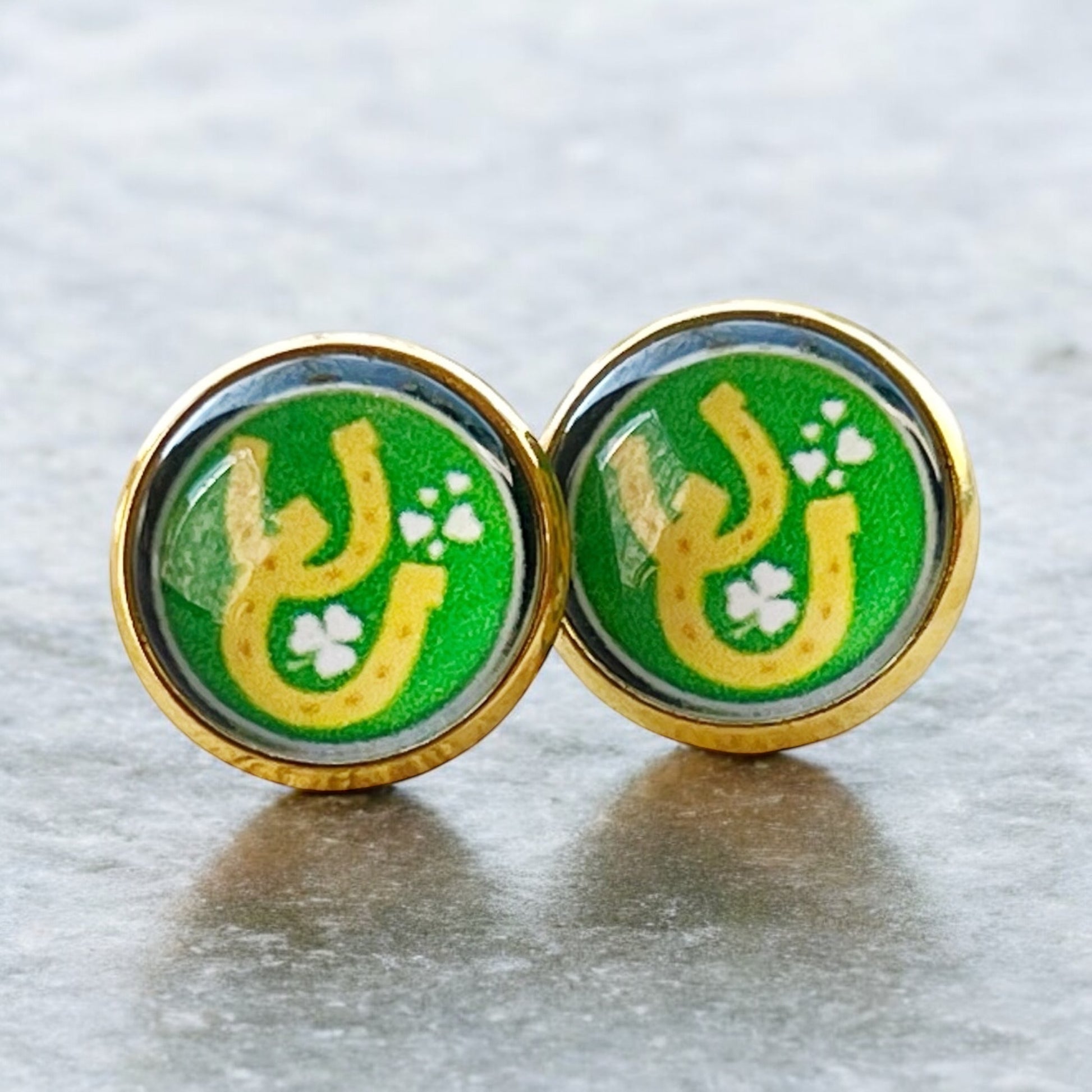 Lucky Horseshoe Stud Earrings – Green & Gold St. Patrick’s Day Jewelry for Her