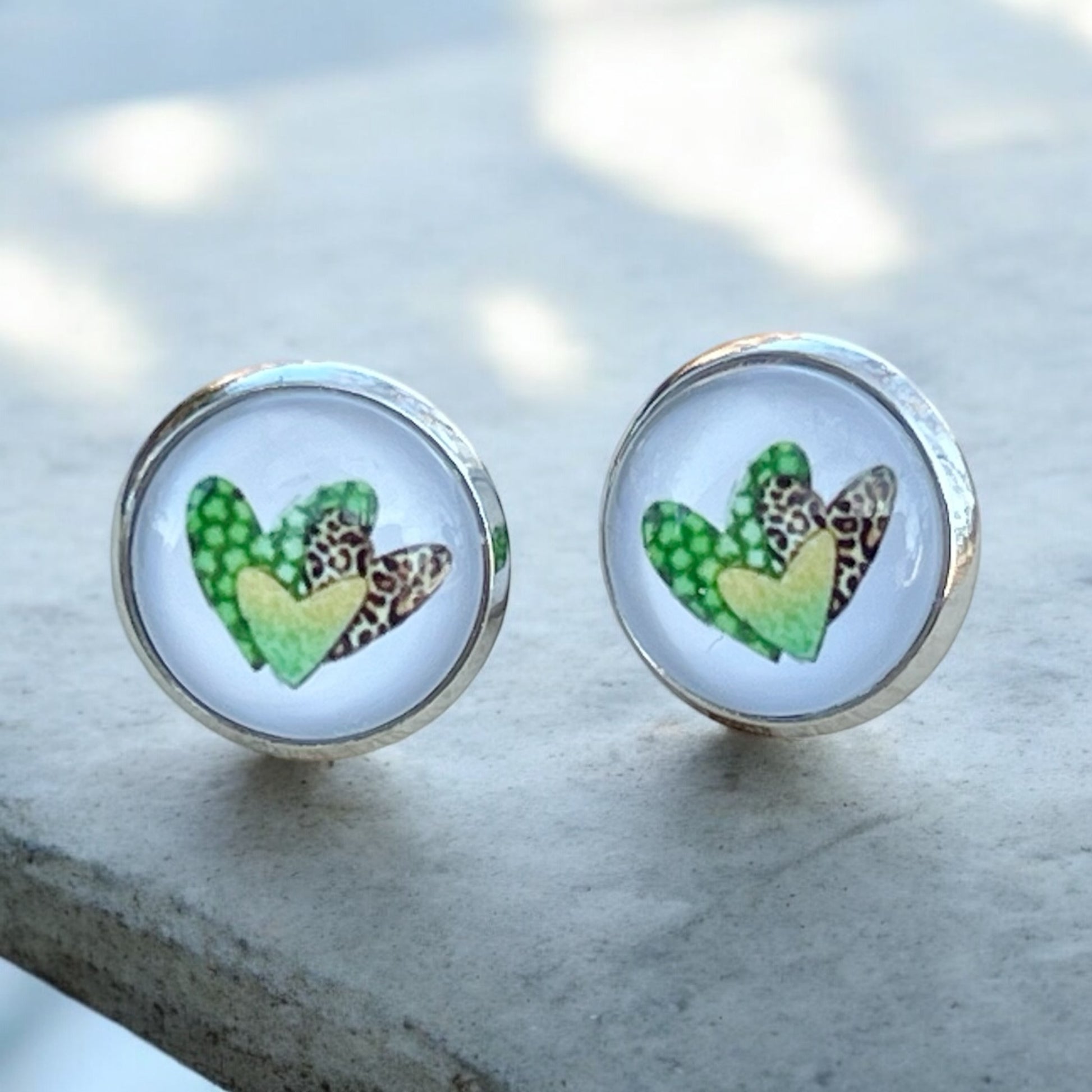 Animal Print Heart Stud Earrings – Handmade Silver Jewelry