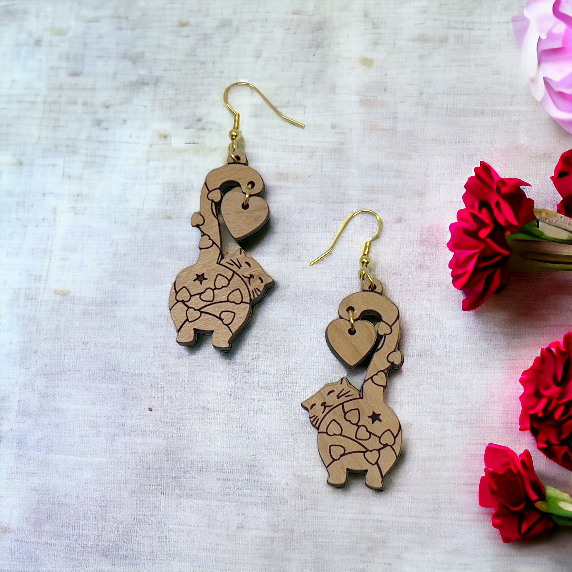 Heart Cat Dangle Earrings – Whimsical Love-Themed Wooden Jewelry