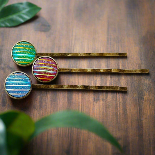 Green, Red, & Blue Striped Glitter Brass Hair Pins Set of 3