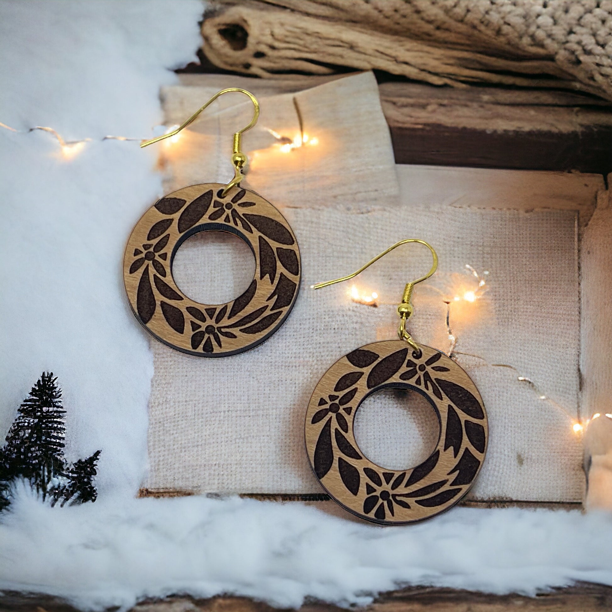 Etched Floral Circle Wood Earrings – Lightweight Boho Botanical Jewelry