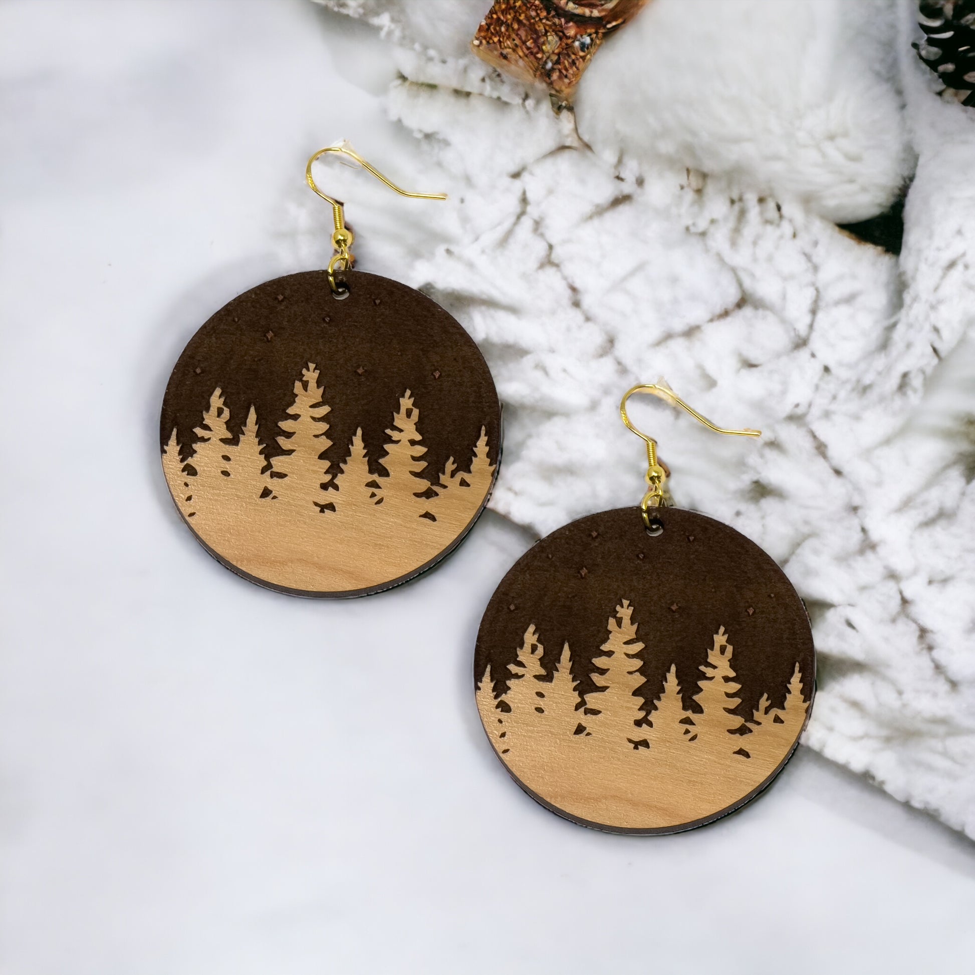 Starry Forest Circle Earrings – Dark Wood Nighttime Tree Line Jewelry