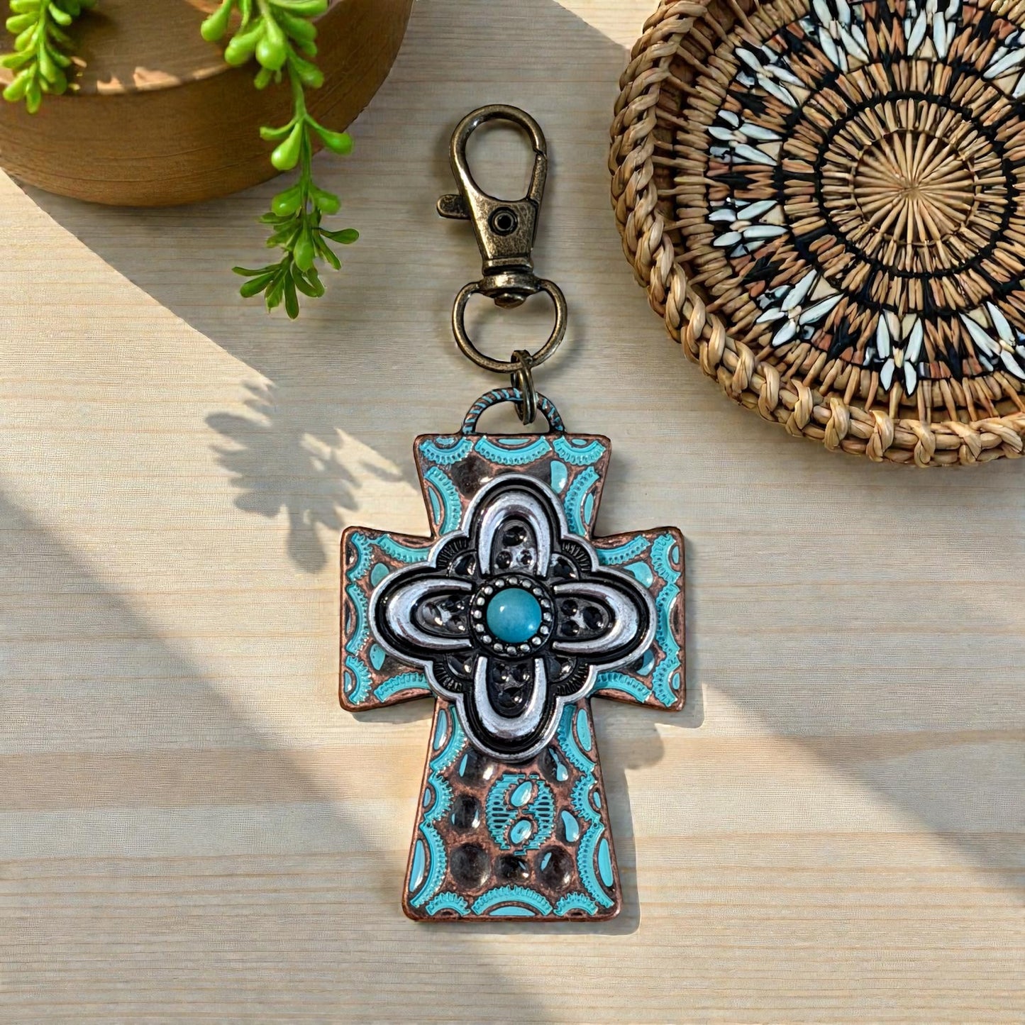 Turquoise Cross Purse Charm – Rustic Western Faith Accessory