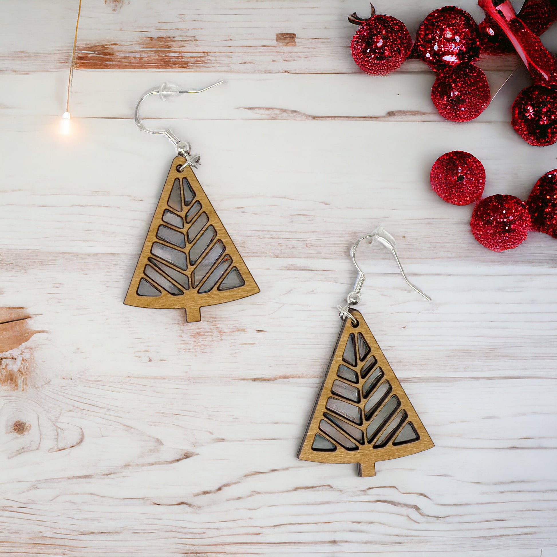 Geometric Tree Cutout Earrings – Modern Wooden Holiday Jewelry