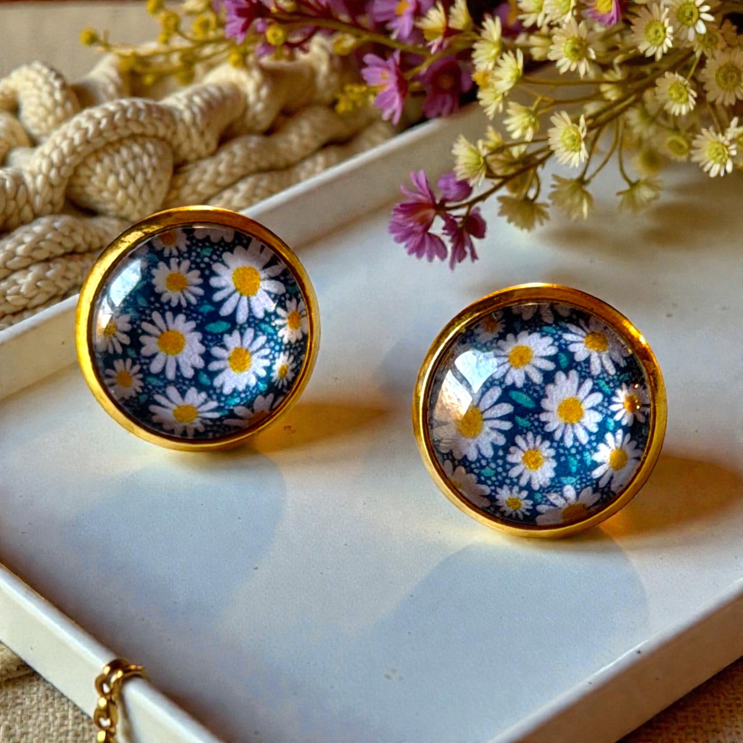 Daisy Stud Earrings – 12mm Gold Tone Floral Boho Jewelry for Her