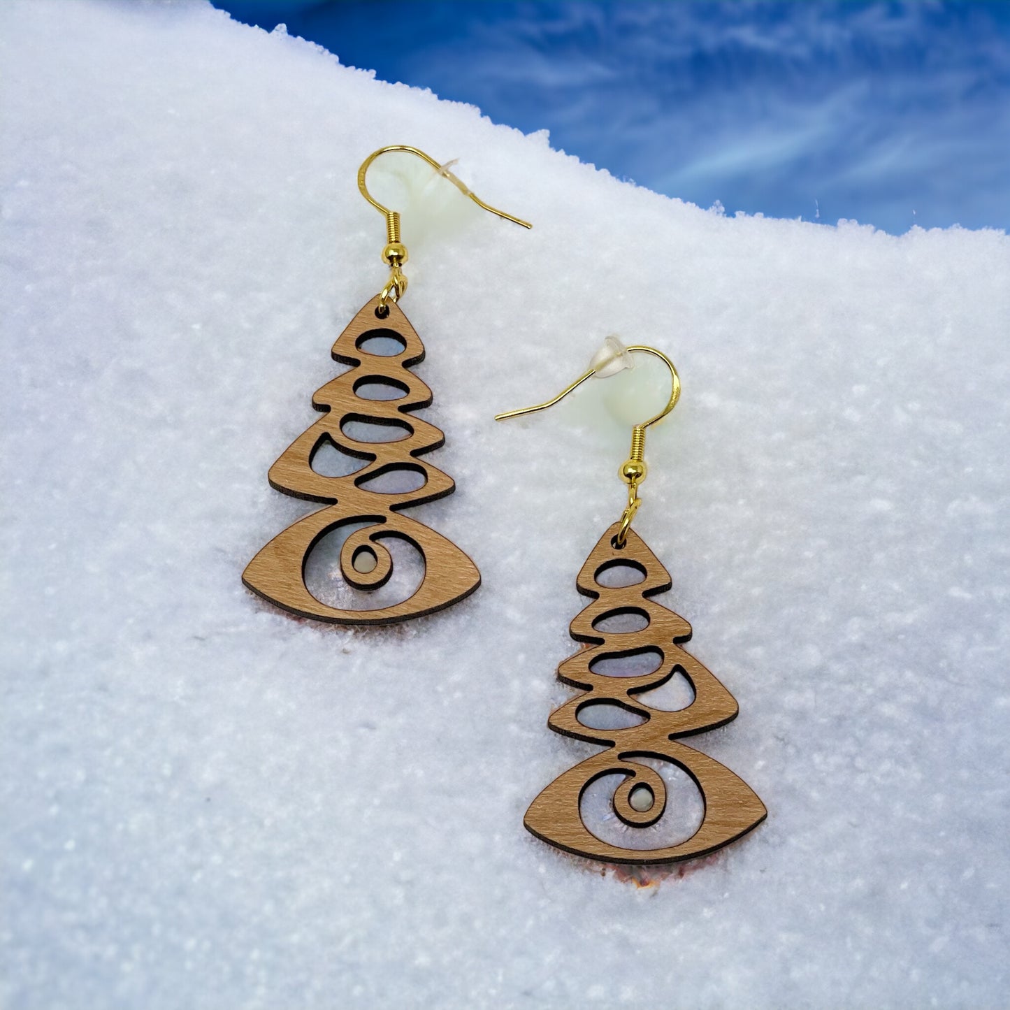 Mystic Pine Eye Earrings – Wooden Holiday Tree Jewelry with a Twist