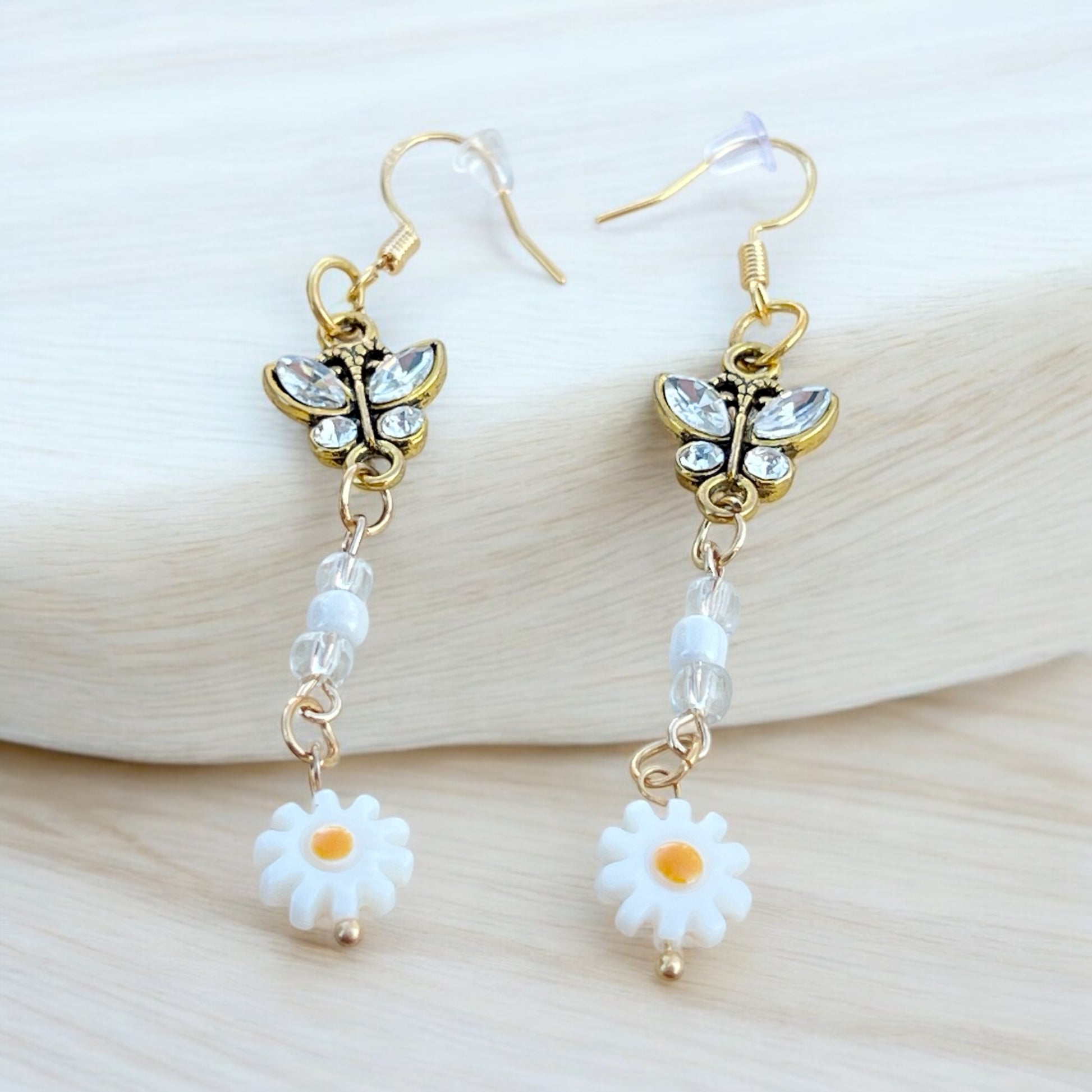 Butterfly & Daisy Earrings – Handmade Gold Floral Dangles