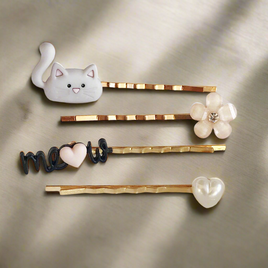 Cat, Heart, Flower & Meow Hair Pins - Feline-Inspired Hairstyles