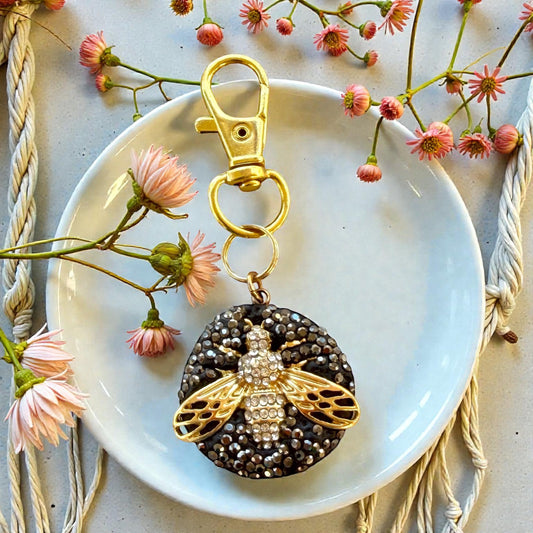 Black Druzy Bee Purse Charm – Gold Sparkle Rhinestone Keychain