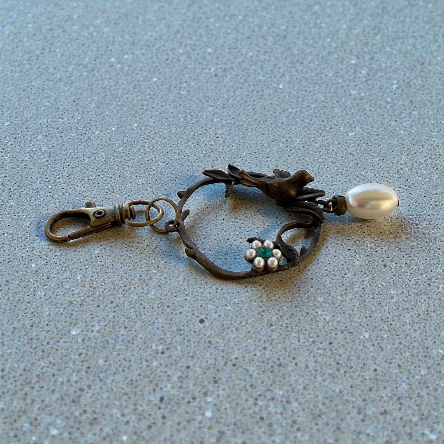 Vintage Bird & Pearl Purse Charm – Rustic Boho Branch Keychain