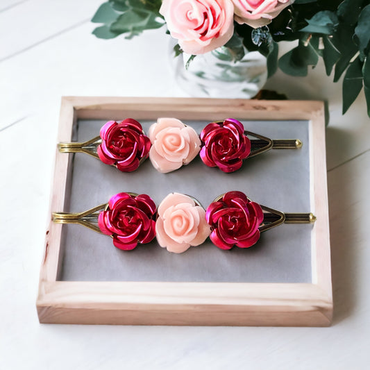 Red & Pink Rose Hair Pins – Romantic Vintage-Inspired Floral Hair Clips