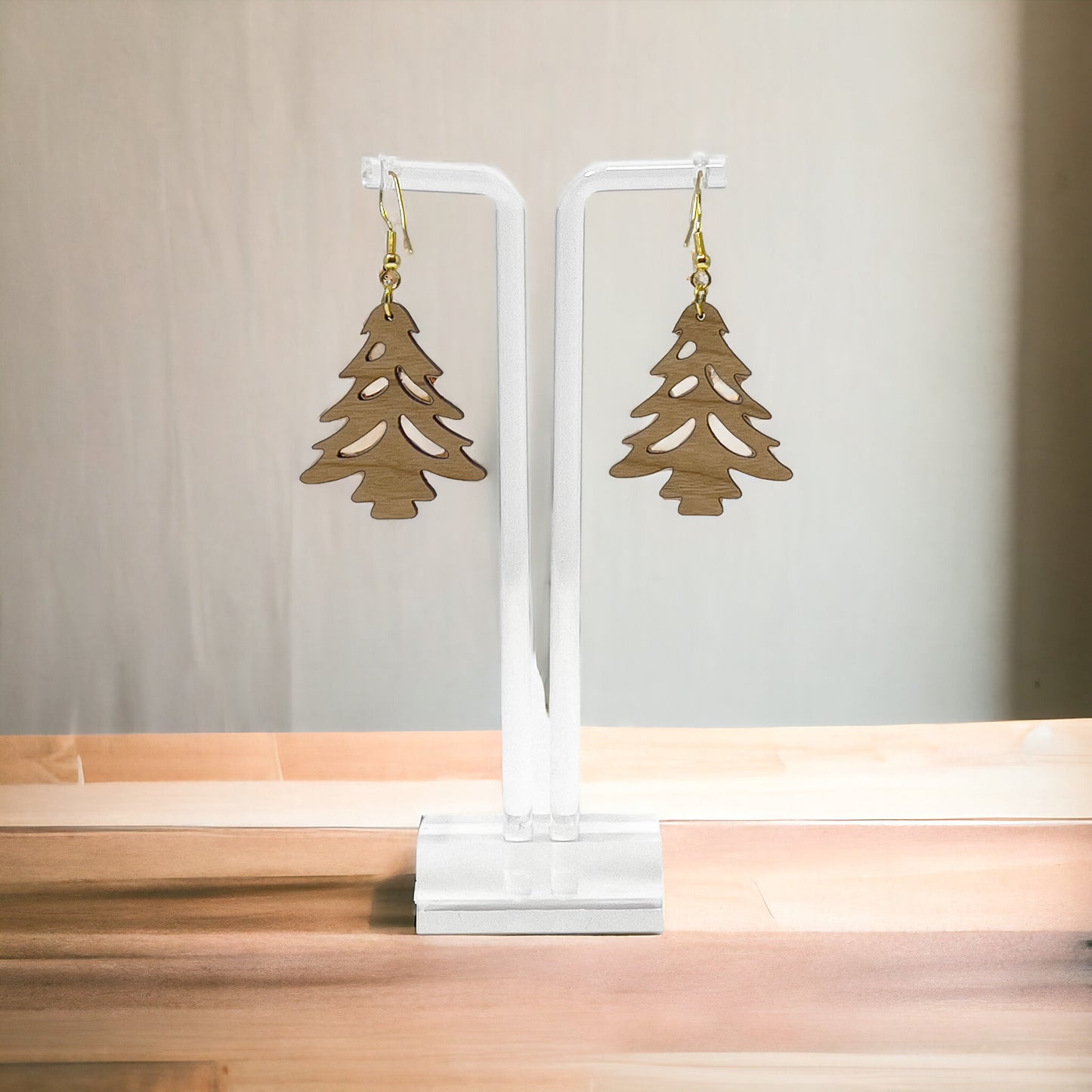 Rustic Tree Cutout Earrings – Wooden Christmas Tree Dangle Earrings