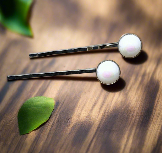 Iridescent White Circle Hair Pins - Set of 2 Decorative Bobby Pins