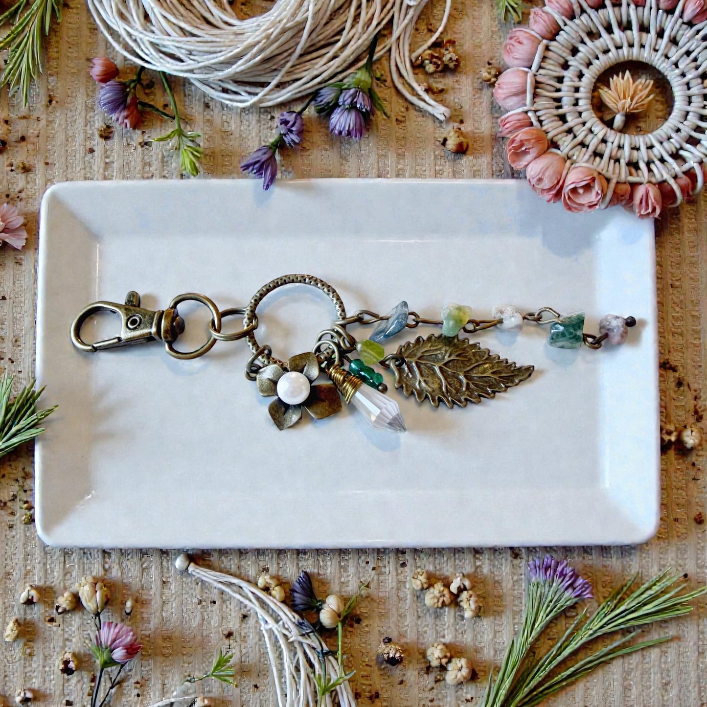 Earthy Leaf Gemstone Purse Charm – Boho Nature Keychain for Her