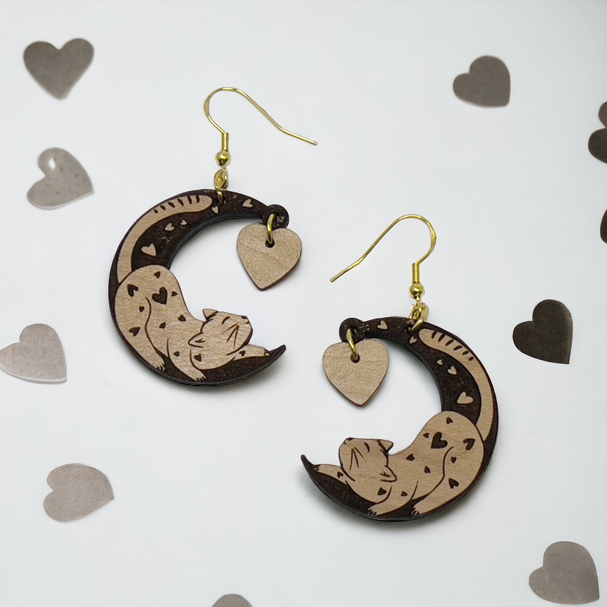 Customizable Valentines Wood Crescent Moon Cat Heart Earrings, Personalized Handcrafted Dangle Earrings, Cute Gifts for Cat Lover Girlfriend