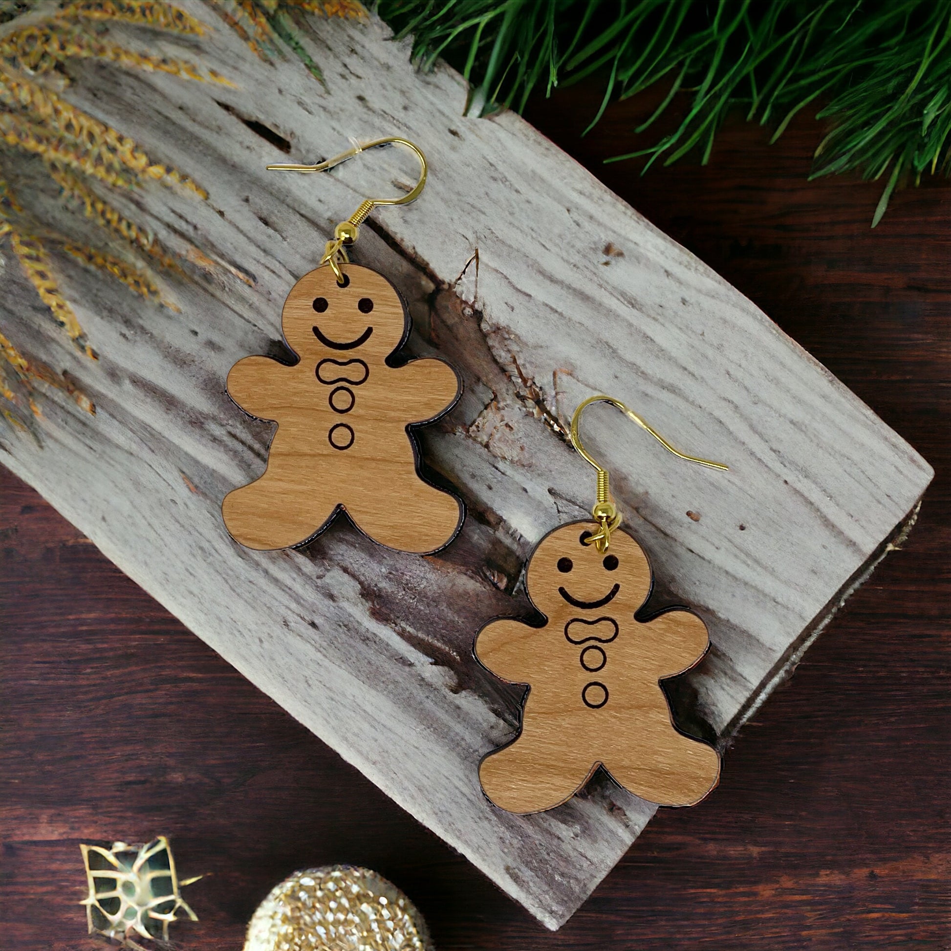 Gingerbread Man Wood Earrings – Cute Holiday Christmas Cookie Jewelry