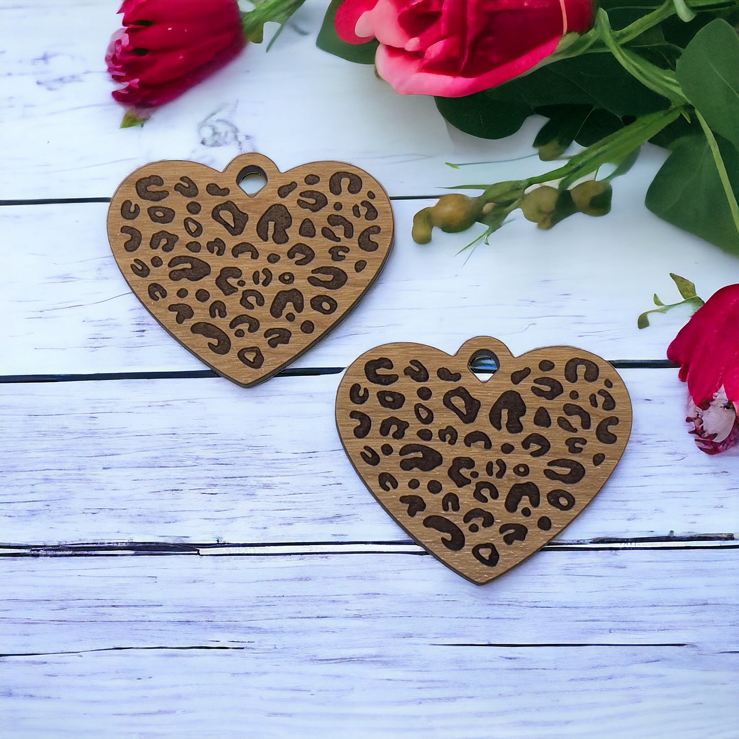 Animal Print Heart Wood Earring Blanks - Laser Cut Wholesale Findings for Bulk Earring Parts | Finished Cheetah Dangle Earrings