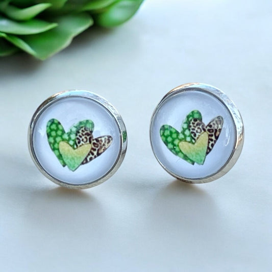 Animal Print Heart Stud Earrings – Handmade Silver Jewelry