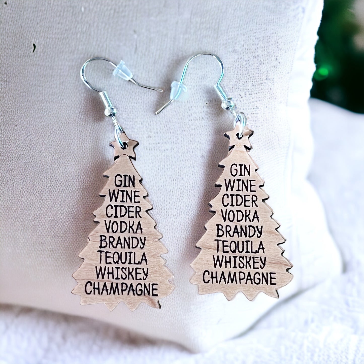 Holiday Drink List Tree Earrings – Funny Wooden Christmas Jewelry