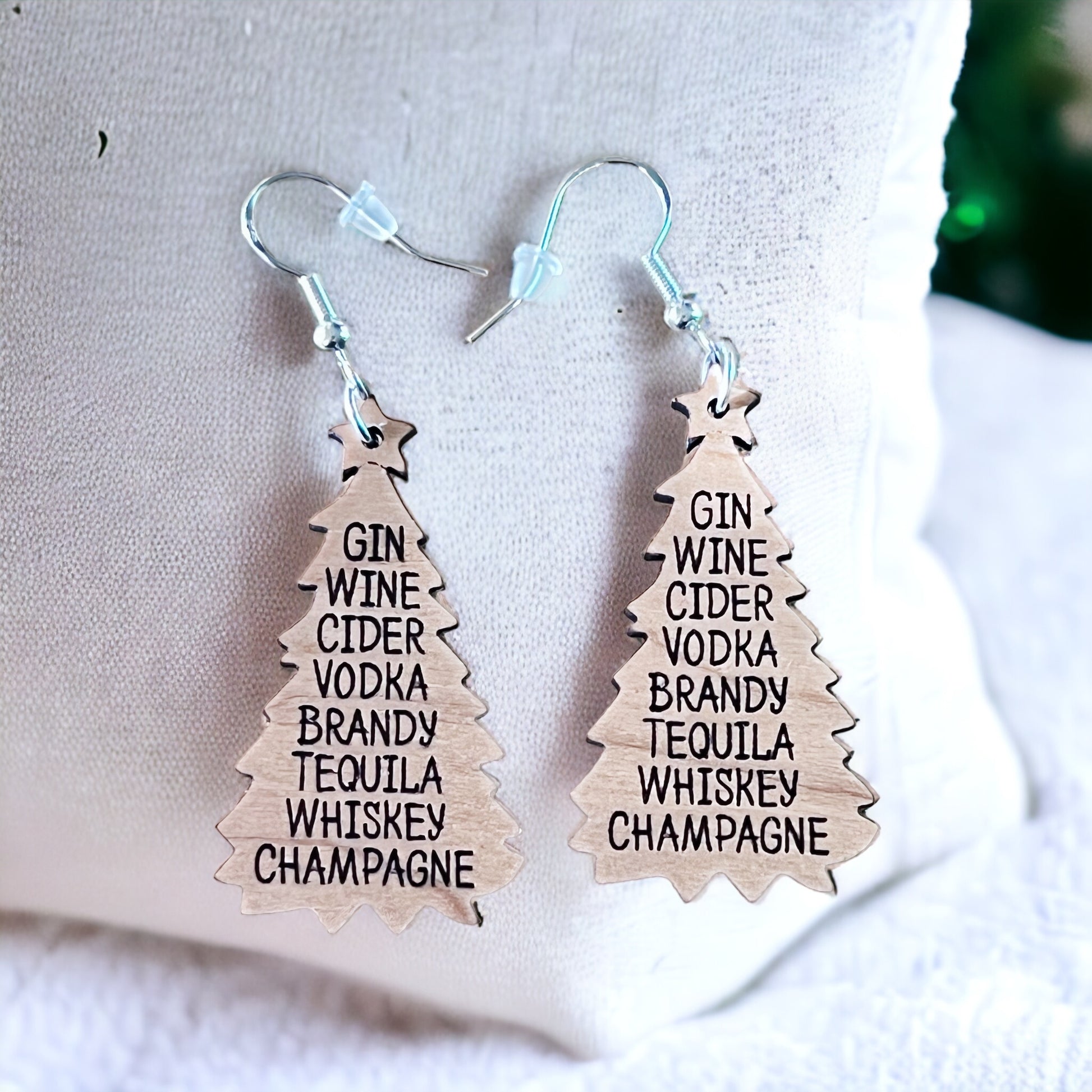 Holiday Drink List Tree Earrings – Funny Wooden Christmas Jewelry