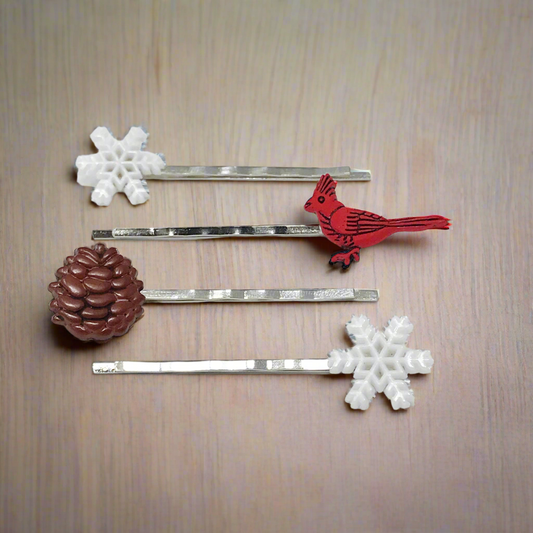 Pinecone, Snowflake, & Cardinal Bird Hair Pins - Winter Bobby Pins