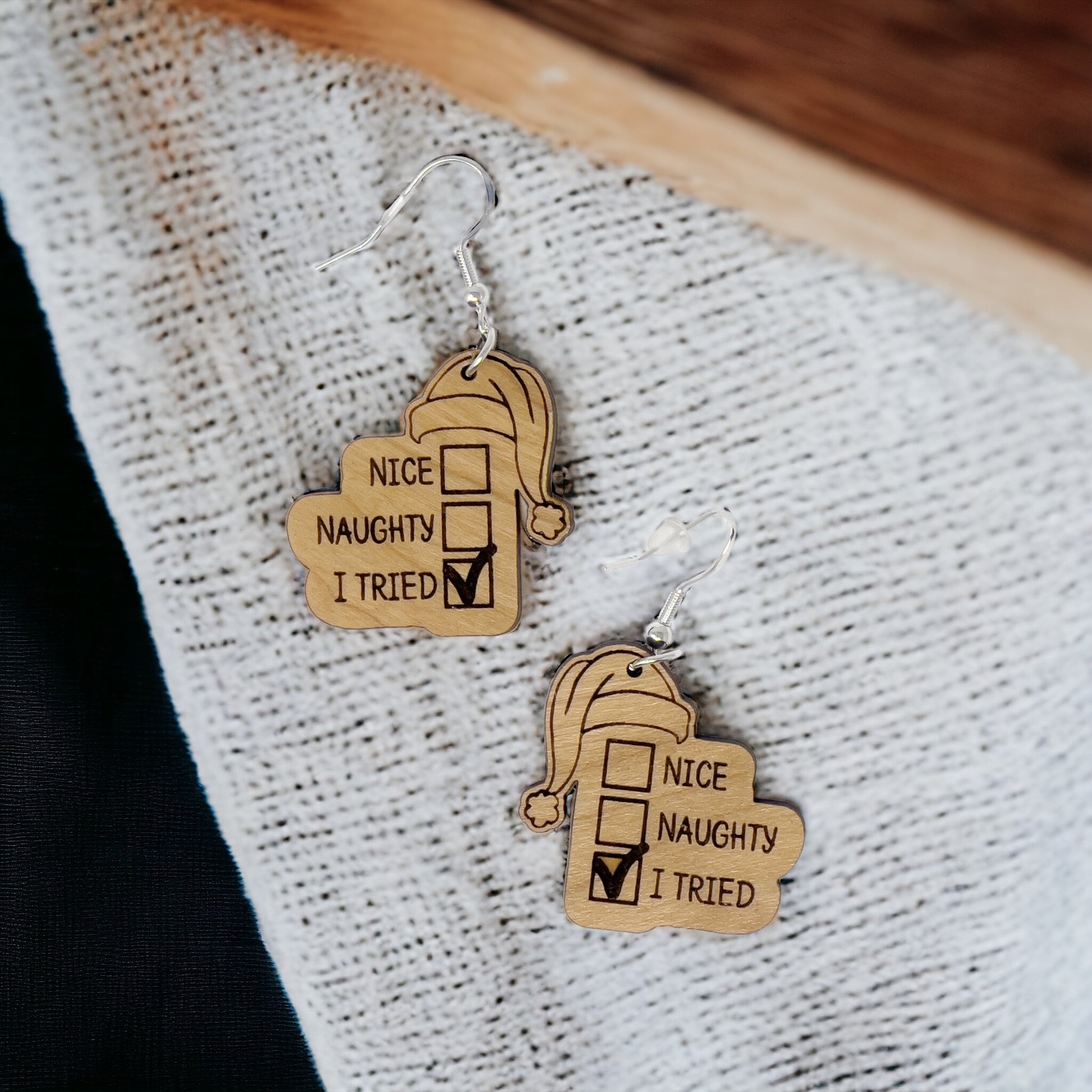 Funny Holiday Checklist Earrings – “I Tried” Santa Hat Wood Earrings