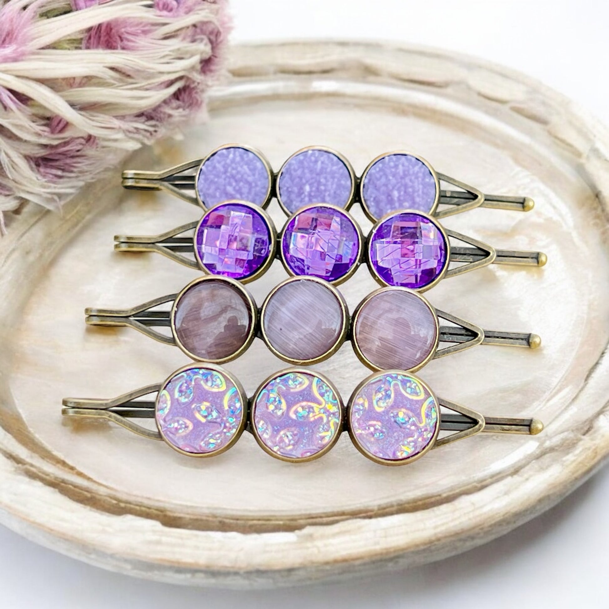 Purple Druzy Hair Pins – Set of 4 Sparkly Boho Accessories
