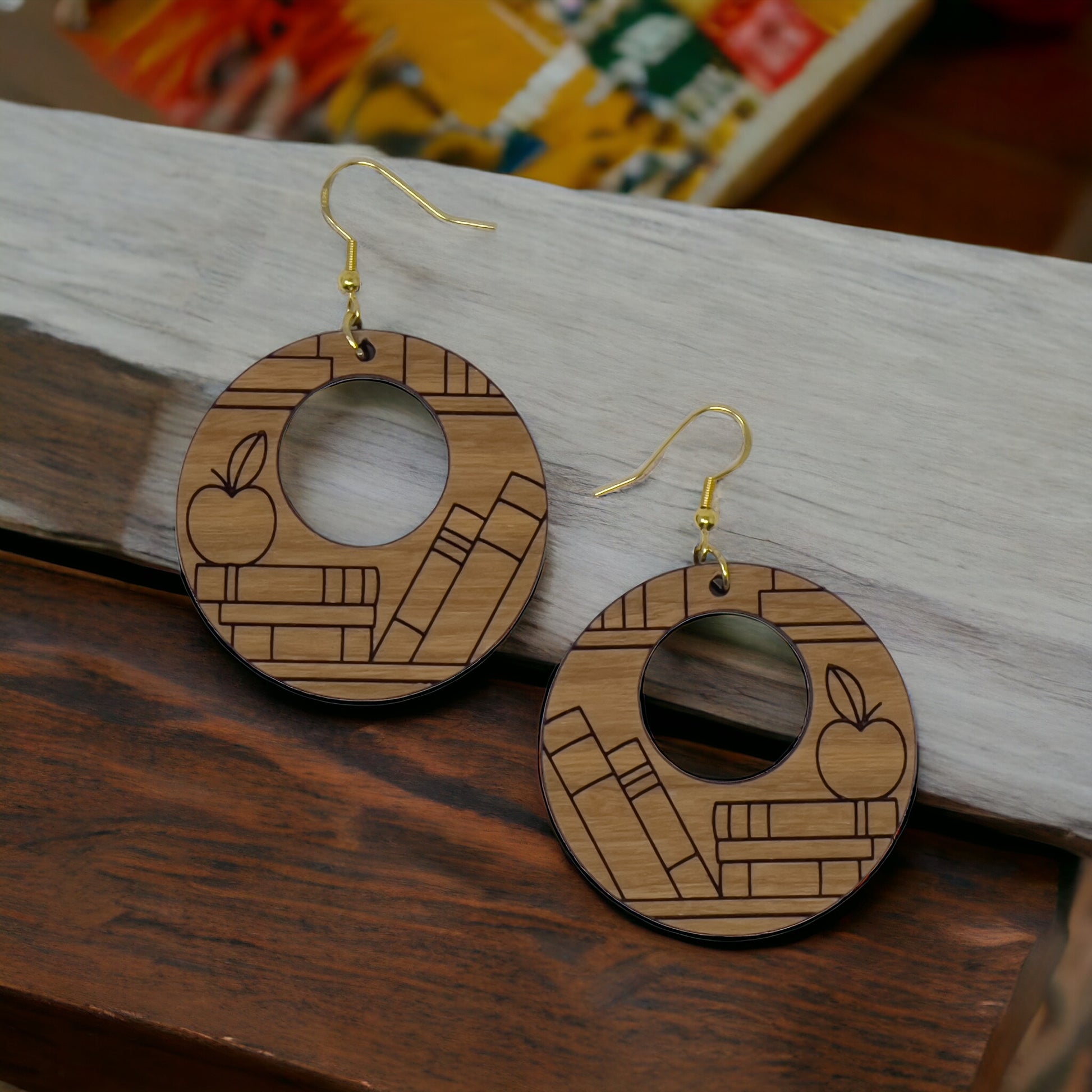 Apple & Books Wood Earrings – Boho Jewelry for Teachers