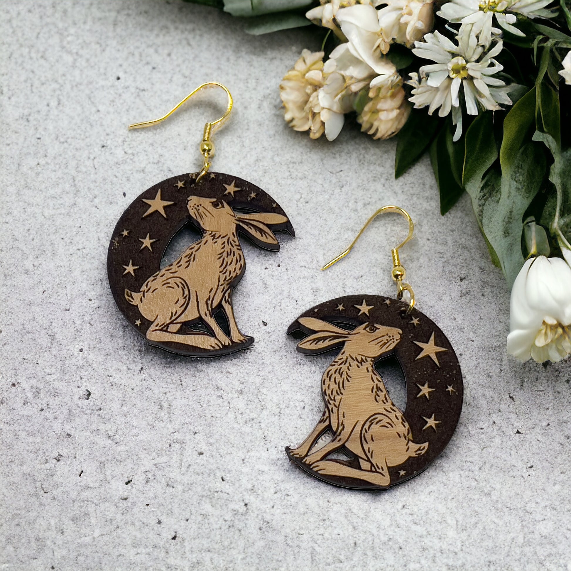 Easter Bunny Wood Crescent Moon Star Earrings, Personalized Handcrafted Dangle Earrings, Customizable Cute Gifts for Rabbit Lover Girlfriend