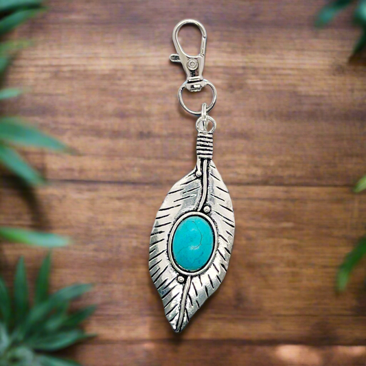 Turquoise Silver Feather Western Keychain Purse Charm