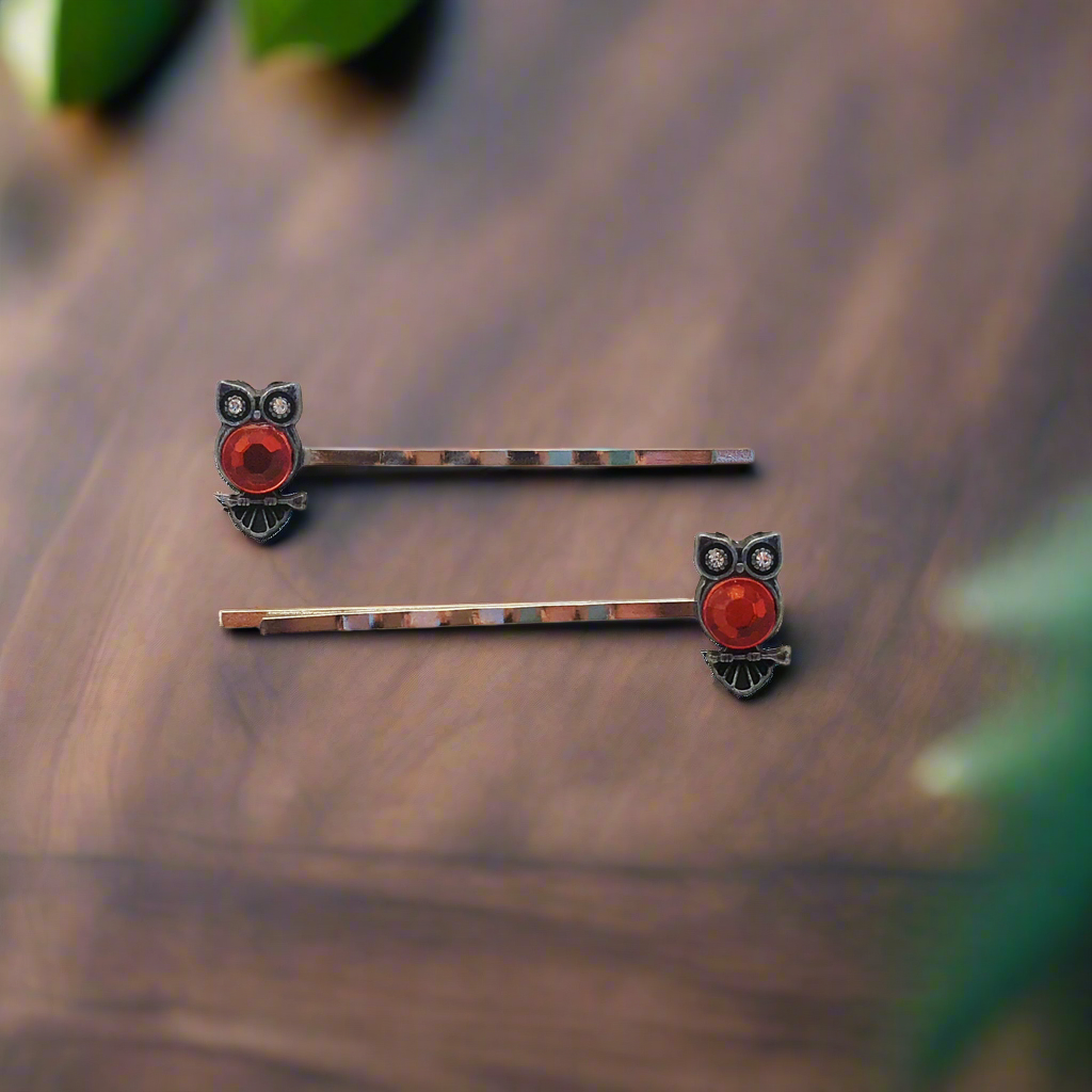 Orange Owl Bobby Pins with Rhinestone Accents - Set of 2