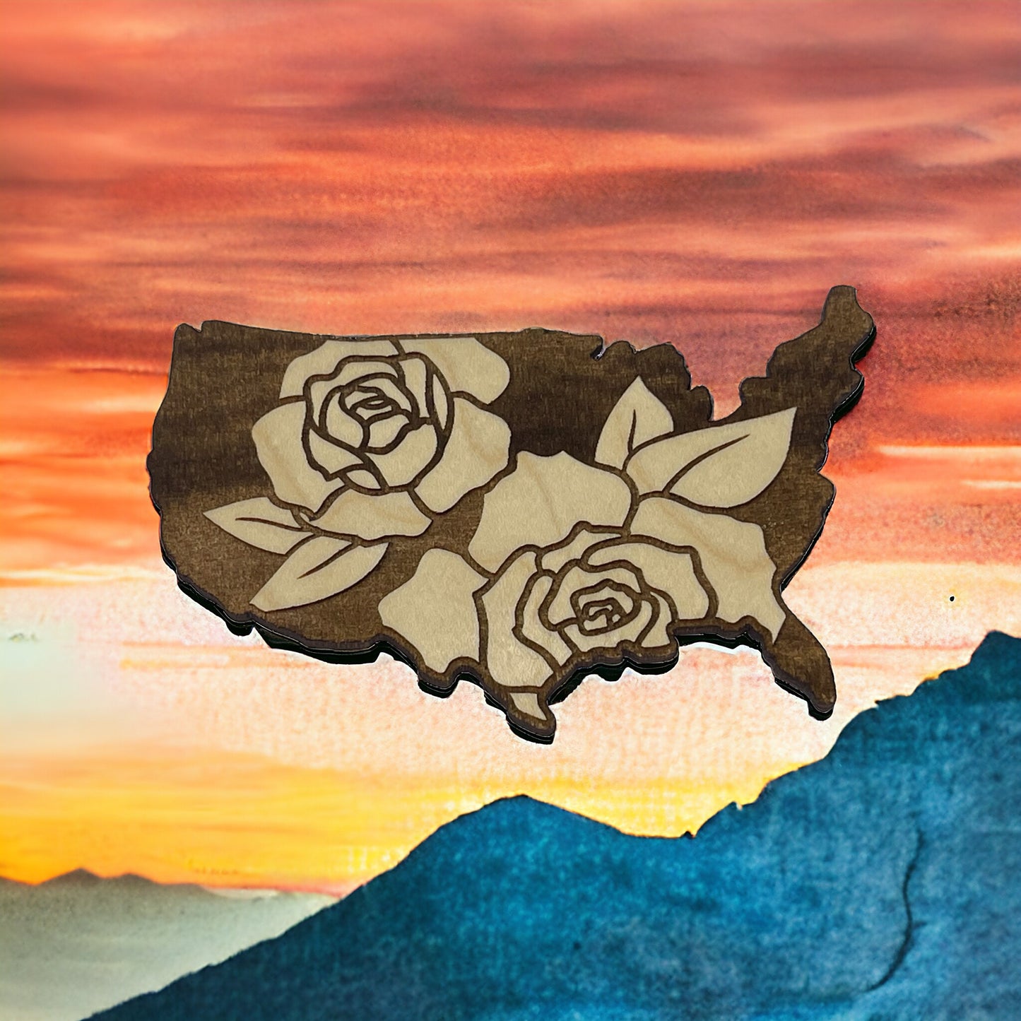 USA Rose Magnet – Floral Patriotic Wooden Home Decor