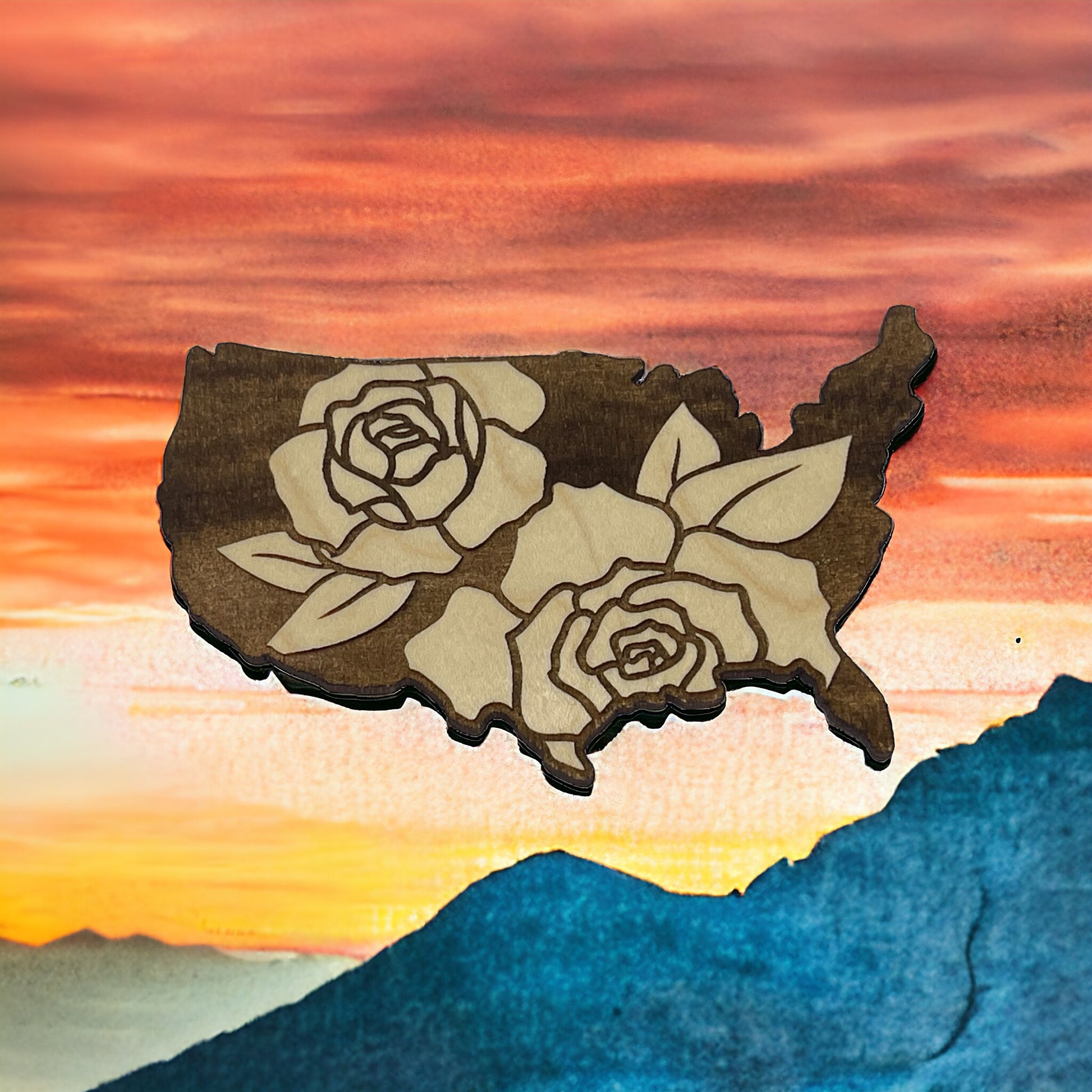 USA Rose Magnet – Floral Patriotic Wooden Home Decor