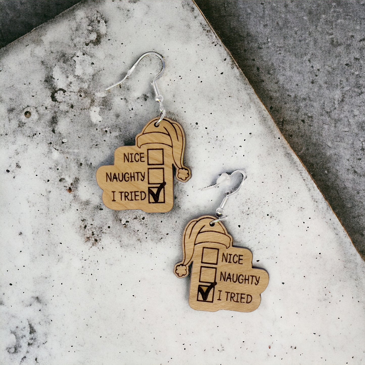 Funny Holiday Checklist Earrings – “I Tried” Santa Hat Wood Earrings