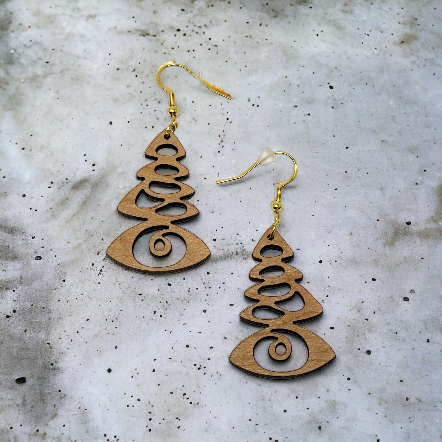 Mystic Pine Eye Earrings – Wooden Holiday Tree Jewelry with a Twist