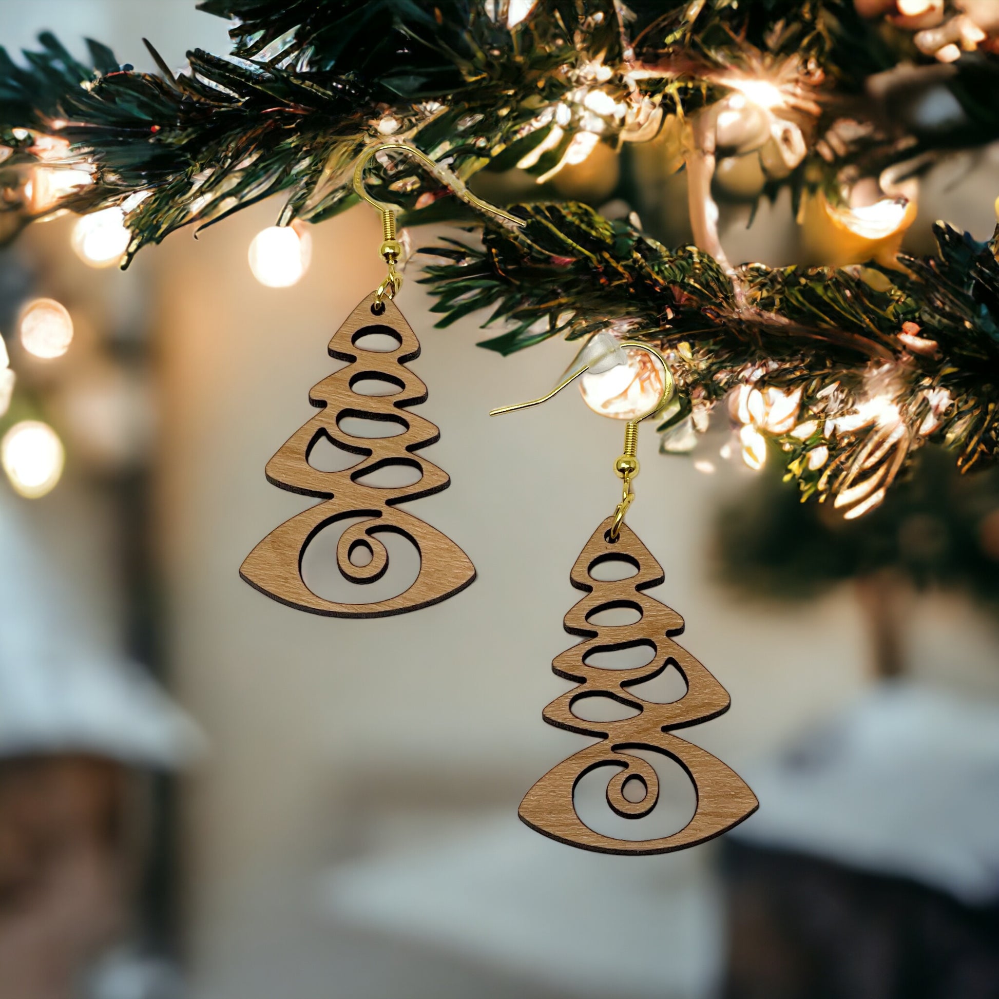 Mystic Pine Eye Earrings – Wooden Holiday Tree Jewelry with a Twist