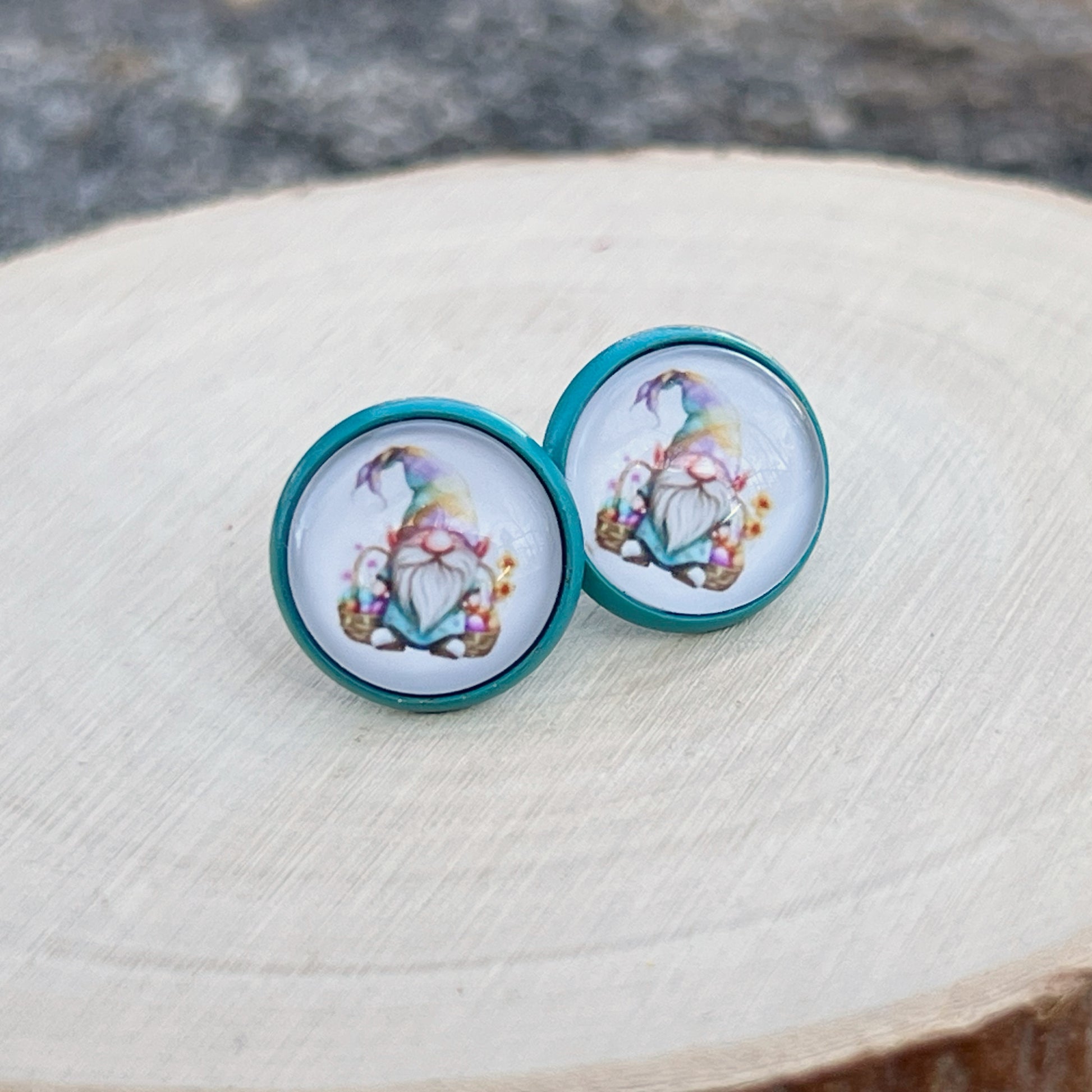 Handmade Easter Gnome Stud Earrings – 12mm Wooden Teal Edge Jewelry