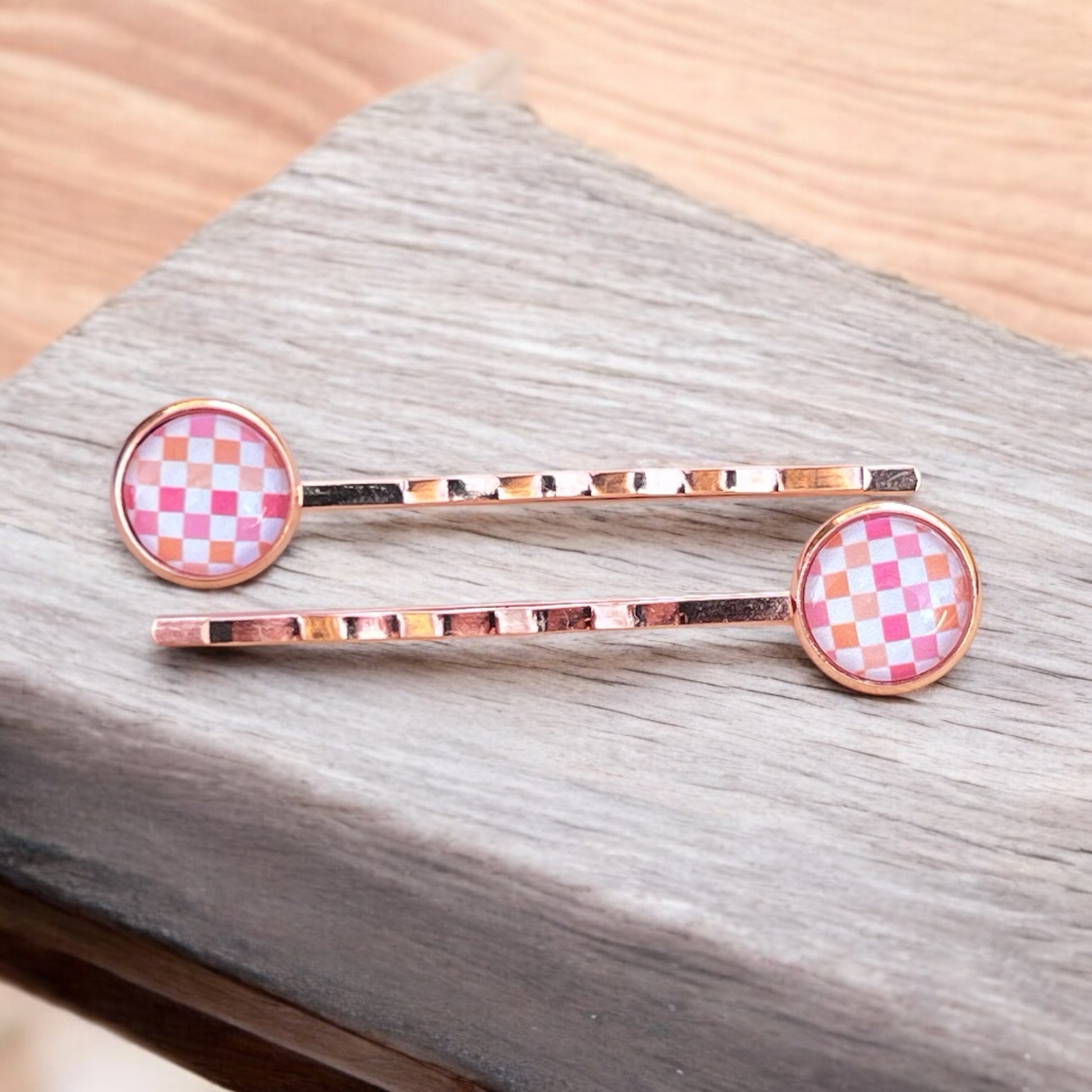 Pink & Orange Gingham Hair Pins – Set of 2 Rose Gold Accessories