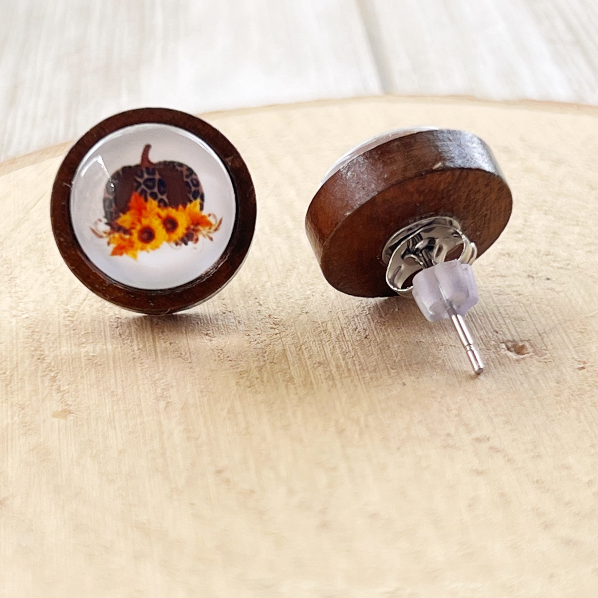 Leopard Pumpkin & Sunflower Stud Earrings – Rustic Fall Wooden Jewelry