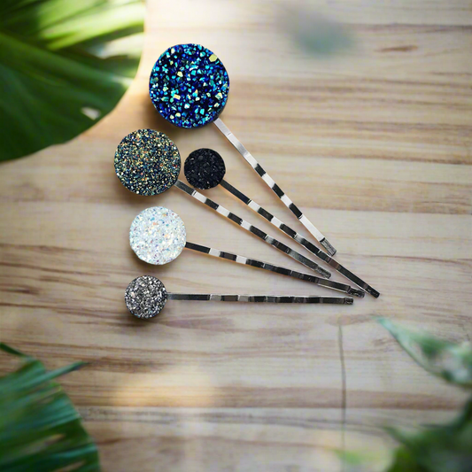 Round Glittery Druzy Hair Pin Set of 5 - Sparkling Hair Accessories