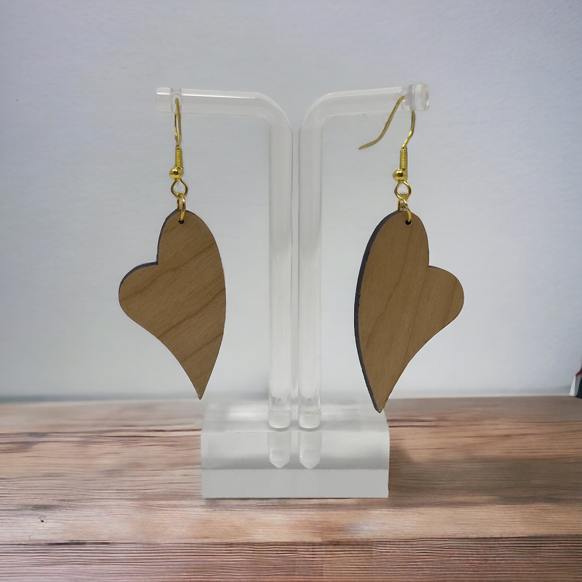 Etched Heart Drop Earrings – Asymmetrical Wooden Love Jewelry with Gold Hooks