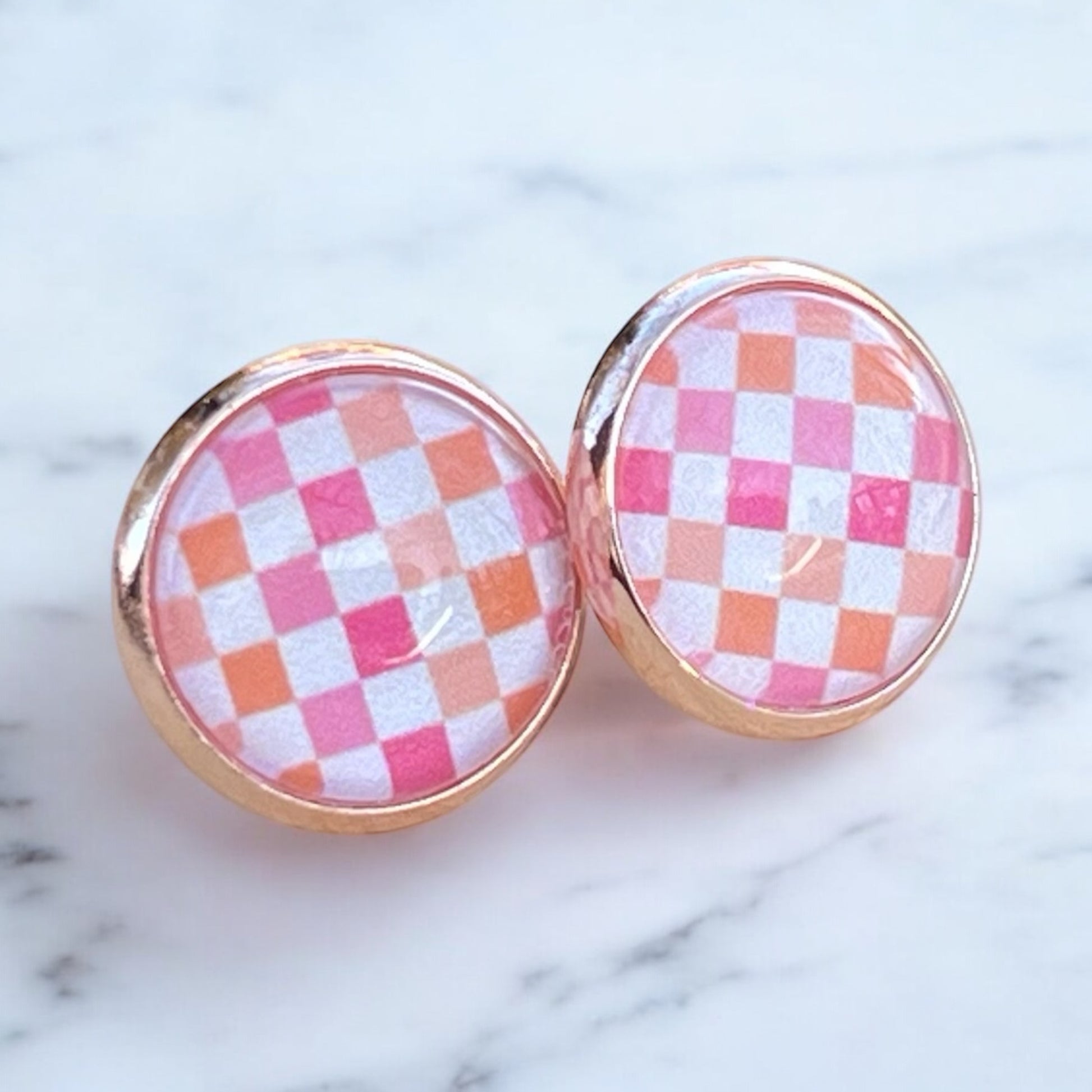 Pink & Orange Gingham Stud Earrings – Handmade Spring Jewelry