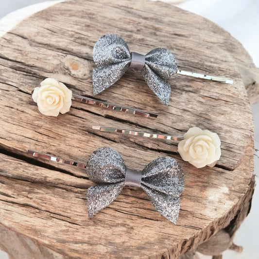Silver Glitter Bow & Cream Floral Hair Pins - Boho Bobby Pin Set