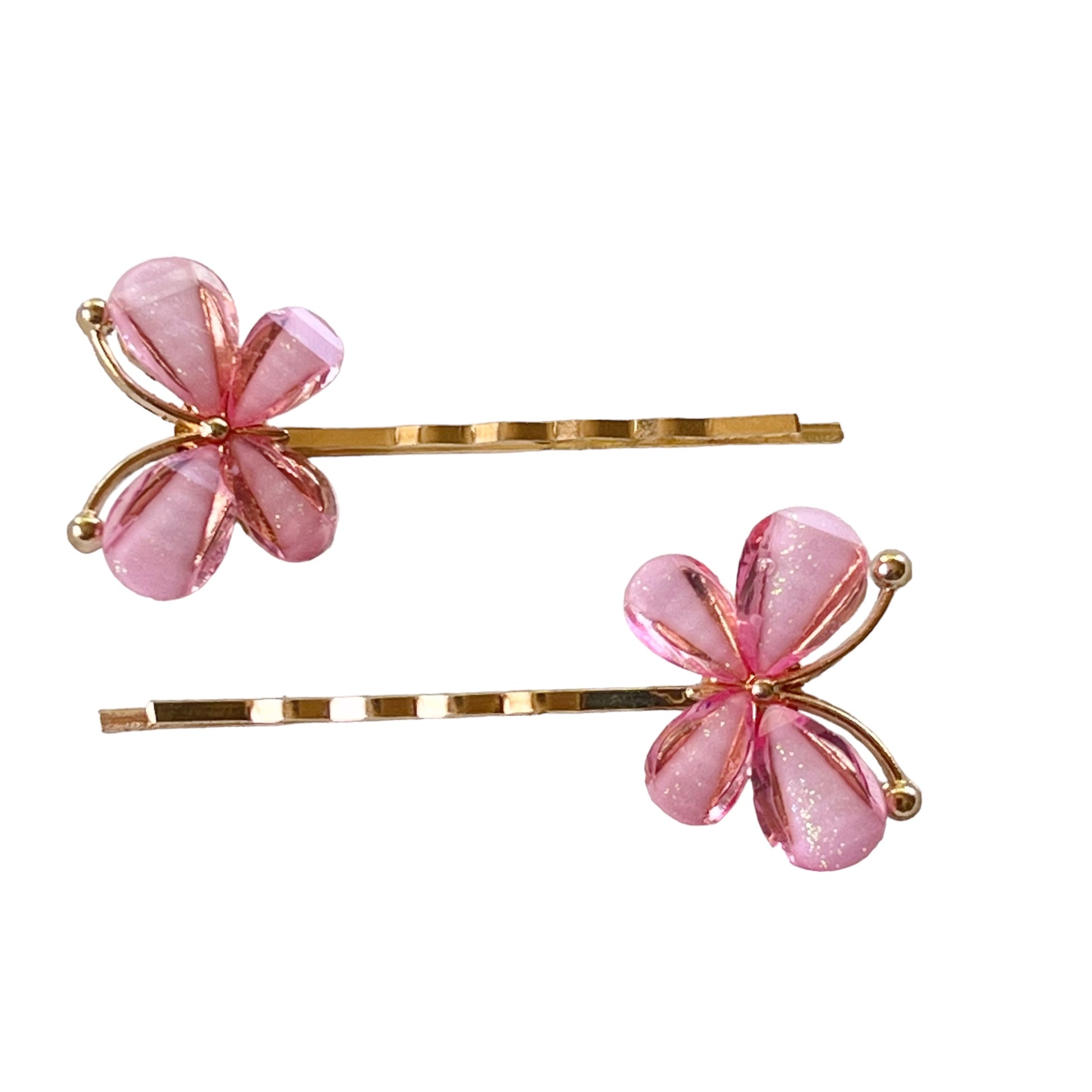 Pink Butterfly Hair Pins – Glittery Resin Hair Clips with Gold Base
