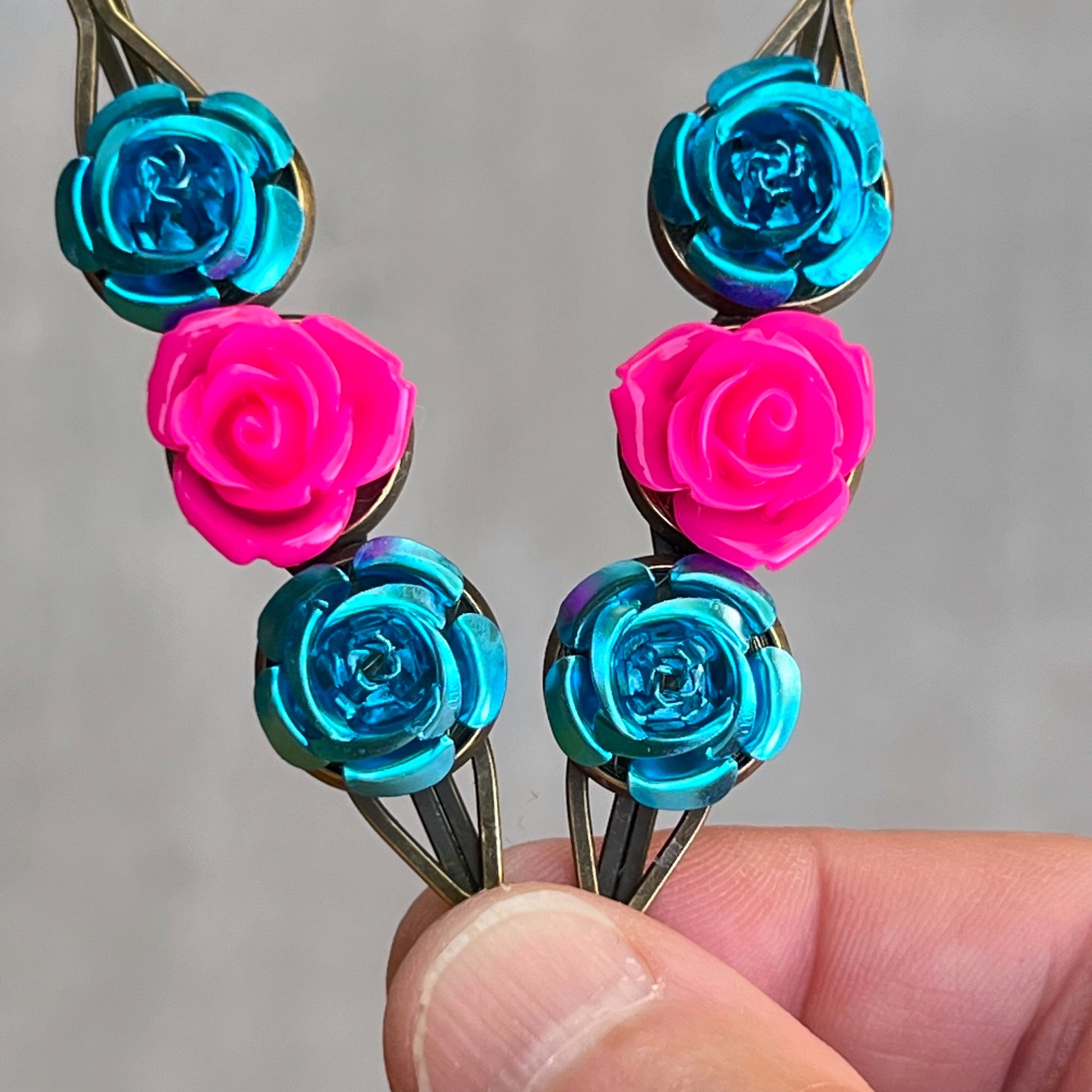 Teal & Hot Pink Rose Hair Pins – Bold Metallic Flower Hair Clip Set