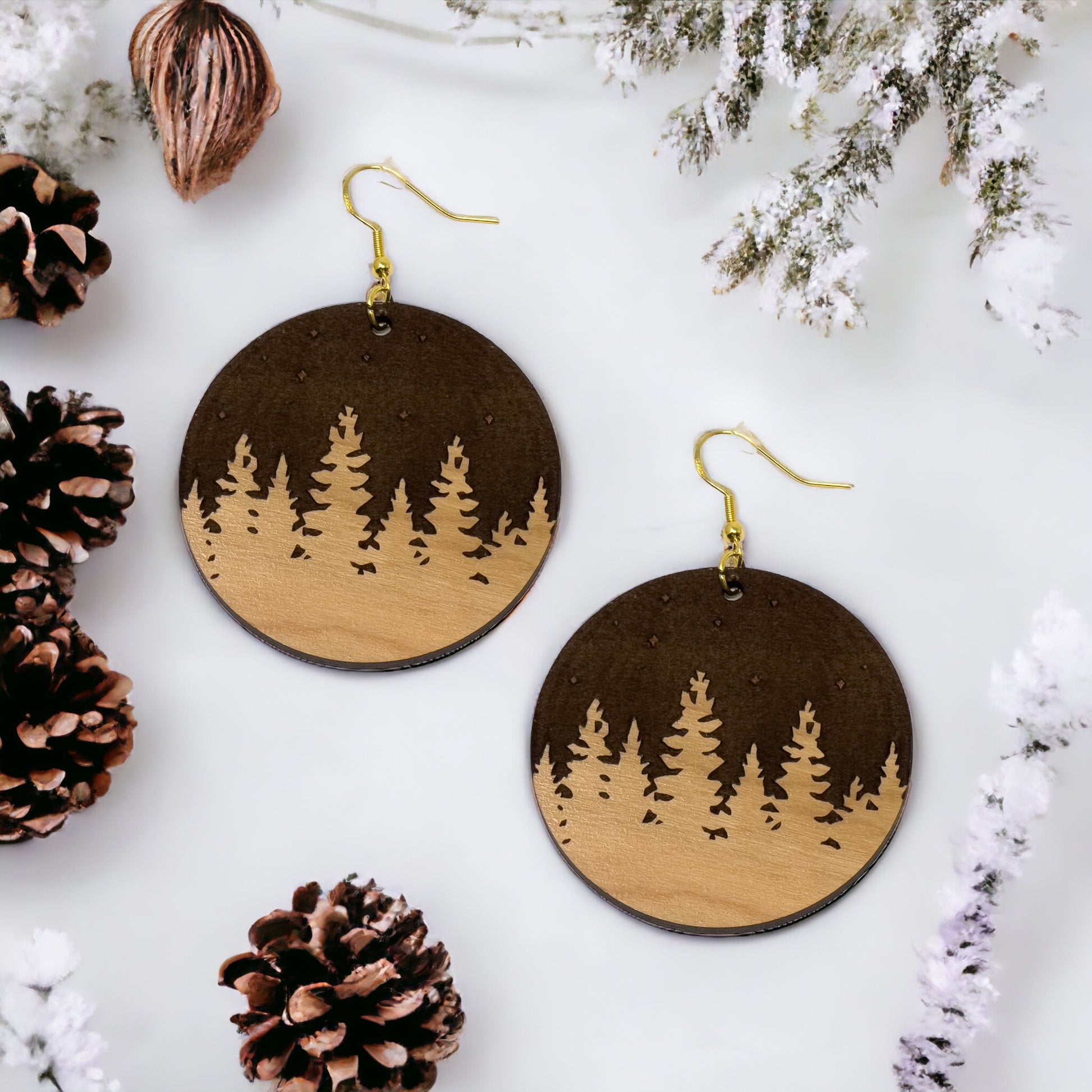 Starry Forest Circle Earrings – Dark Wood Nighttime Tree Line Jewelry
